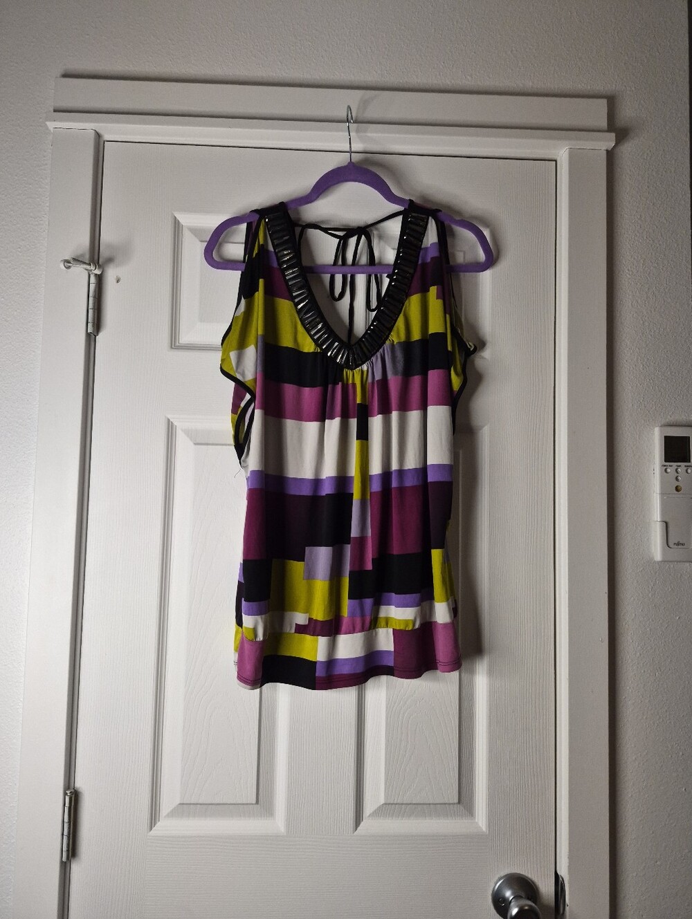 3x HeartSoul Striped Cold-Shoulder V-Neck Top in Purple, Magenta & Lime